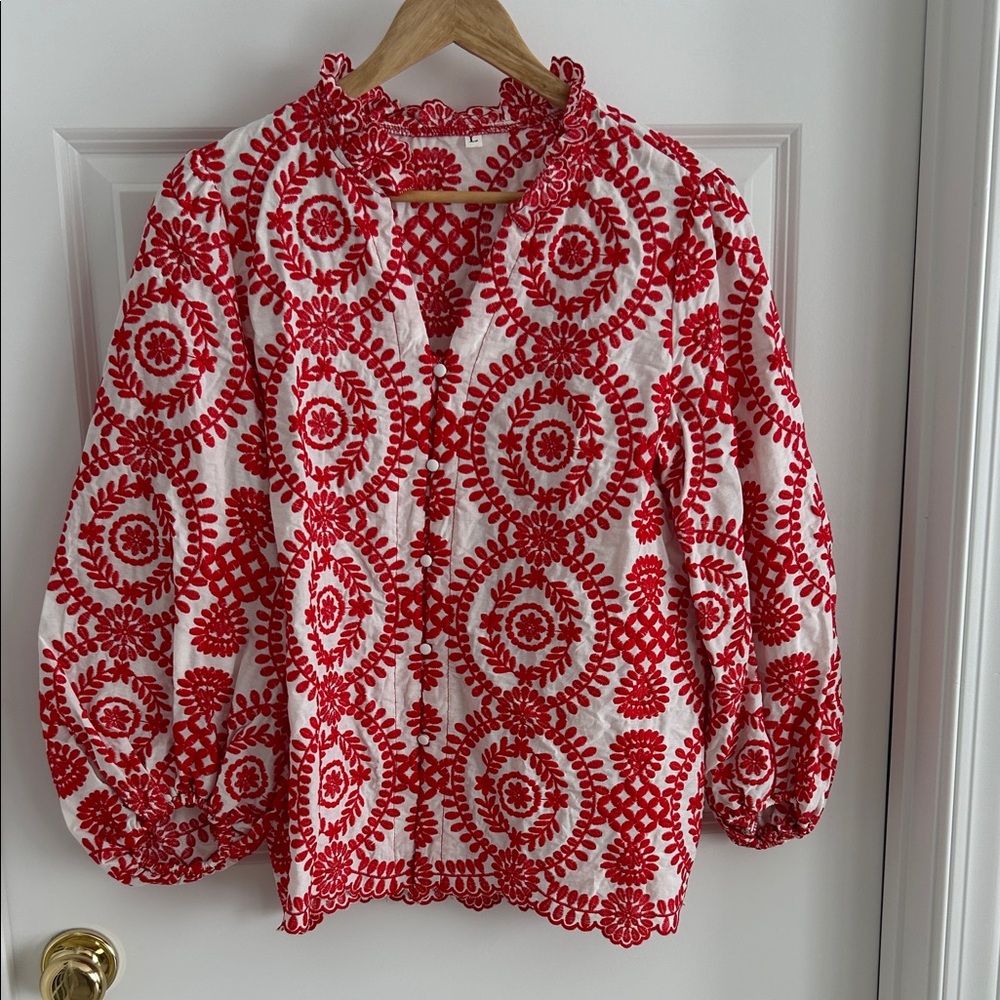 Source Unknown Red and White Embroidered Blouse